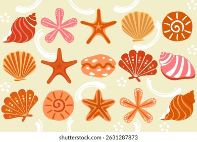 Seamless vector pattern featuring hand-drawn starfish, seashells, and ocean elements on a navy blue background. Perfect for summer-themed designs, textiles, wrapping paper, and digital projects.