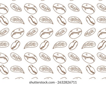 Seamless vector pattern featuring hand-drawn coffee beans and leaves in a simple brown line art style on a white background. Perfect for cafe branding, packaging, textile, and wallpaper designs.