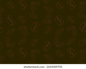 Seamless vector pattern featuring hand-drawn coffee beans and leaves in a simple brown line art style on a dark brown background. Perfect for cafe branding, packaging, textile, and wallpaper designs.