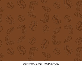 Seamless vector pattern featuring hand-drawn coffee beans and leaves in a simple brown line art style on a brown background. Perfect for cafe branding, packaging, textile, and wallpaper designs.