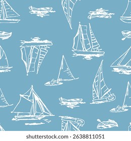 A seamless vector pattern featuring hand-drawn sailboats and ships in white on a soft blue background. Perfect for summer, beach, or coastal-themed designs, including fabrics, wallpapers, kids apparel