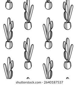Seamless vector pattern featuring hand-drawn cacti in simple pots suitable for various design applications