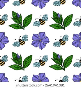 Seamless vector pattern featuring hand-drawn illustrations of vibrant purple periwinkle flowers, lush green leaves, and busy honeybees in a cheerful, repeating design.