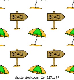 Seamless vector pattern featuring hand-drawn beach umbrellas and wooden Beach signs, creating a cheerful summer vibe with vibrant yellow and green colors.