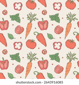 Seamless vector pattern featuring hand-drawn illustrations of bell pepper, tomato, carrot, and basil. Minimal doodle-style sketches highlighting freshness and natural ingredients