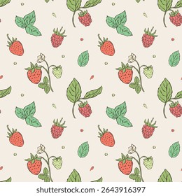 Seamless vector pattern featuring hand-drawn raspberries, strawberries, and mint leaves in pastel tones. Minimal doodle-style illustrations perfect for packaging, textiles, wallpapers