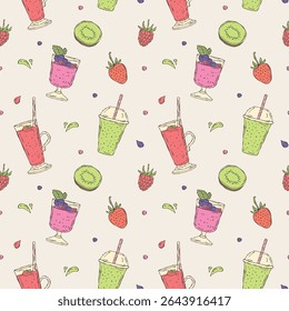 Seamless vector pattern featuring hand-drawn smoothies, kiwi, and berries in pastel tones. Minimal doodle-style illustrations perfect for packaging, textiles, wallpapers, and wellness designs