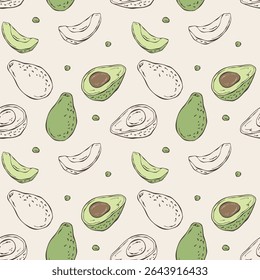 Padrão de vetor sem emenda com ilustrações de abacate desenhadas à mão em tons pastel. Esboços mínimos em estilo doodle, perfeitos para embalagens, têxteis, papéis de parede e designs relacionados ao bem-estar	