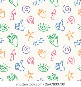 Padrão de vetor contínuo com ícones de rabiscar multicoloridos desenhados à mão em um fundo branco: mão, seta, espiral, sinal OK, estrela, ondas, olho e polegares para cima