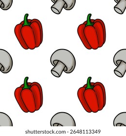 Seamless vector pattern featuring hand-drawn illustrations of red bell peppers and gray mushrooms, creating a vibrant and playful kitchen-themed design.