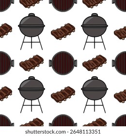 Seamless vector pattern featuring hand-drawn illustrations of BBQ grills and delicious grilled ribs, perfect for summer-themed designs and food-related projects.