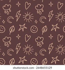 Seamless vector pattern featuring hand-drawn beige doodle icons on a brown background. Includes smiley face, star, leaf, sun, moon, lightning, rainbow, cloud, and heart