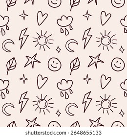 Seamless vector pattern featuring hand-drawn brown doodle icons on a beige background. Includes smiley face, star, leaf, sun, moon, lightning, rainbow, cloud, and heart