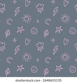 Seamless vector pattern featuring hand-drawn pink doodle icons on a black background. Includes smiley face, star, leaf, sun, moon, lightning, rainbow, cloud, and heart