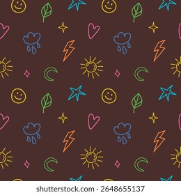 Seamless vector pattern featuring hand-drawn multicolored doodle icons on a brown background. Includes smiley face, star, leaf, sun, moon, lightning, rainbow, cloud, and heart