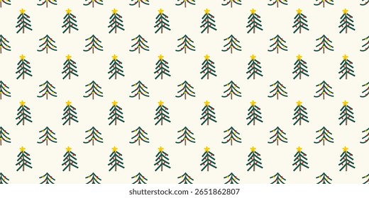 Seamless vector pattern featuring hand-drawn Christmas trees arranged in a simple, playful layout. Suitable for holiday wrapping paper, fabric, and festive decorations.