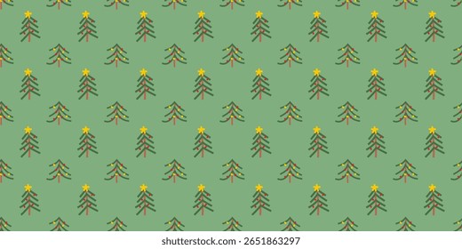 Seamless vector pattern featuring hand-drawn Christmas trees arranged in a simple, playful layout. Suitable for holiday wrapping paper, fabric, and festive decorations.