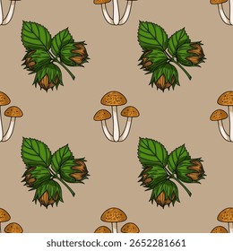 Seamless vector pattern featuring hand-drawn hazelnuts with green leaves and clusters of autumn mushrooms on a beige background, creating a charming autumnal design.