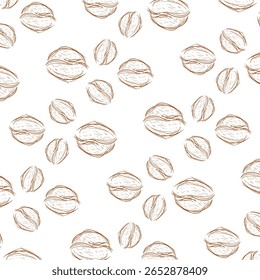 Um padrão de vetor sem costura com nozes desenhadas à mão em estilo de esboço marrom. Ideal para embalagens de alimentos, marca orgânica, decoração de cozinha e fundos inspirados na natureza.