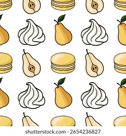 Seamless vector pattern featuring hand-drawn illustrations of macarons, pears, and whipped cream swirls in a delicate pastel yellow and white color scheme, perfect for bakery branding or dessert-th...
