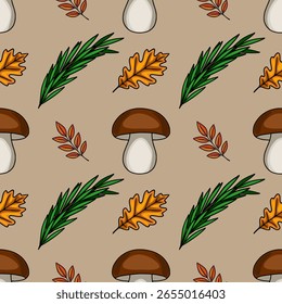 Padrão de vetor sem costura com ilustrações feitas à mão de cogumelos marrons, folhas de carvalho e rampas verdes em um fundo bege, criando um design de outono encantador.