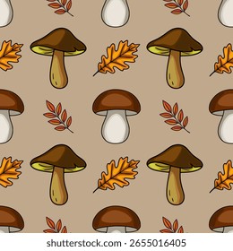 Padrão de vetor sem costura com ilustrações feitas à mão de cogumelos marrons, folhas de carvalho e ramos outonais em um fundo de taupe, criando um design de outono encantador.