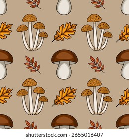 Padrão de vetor sem costura com ilustrações feitas à mão de cogumelos de outono, folhas de carvalho e ramos com folhagem de queda vibrante, criando um design rústico e encantador perfeito para projetos sazonais.