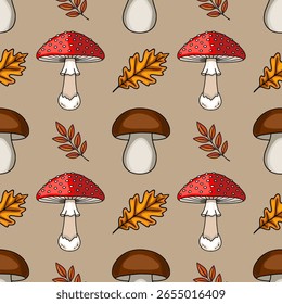 Padrão de vetor sem costura com ilustrações feitas à mão de toadstools vermelhos, cogumelos marrons e folhas de outono em um fundo bege, criando um design de outono encantador.