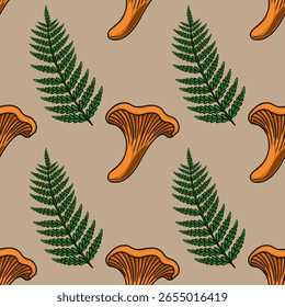 Seamless vector pattern featuring hand-drawn chanterelle mushrooms and fern leaves in a vibrant orange and green palette against a muted beige backdrop, creating a rustic autumnal feel.