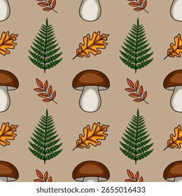 Padrão de vetor sem costura com ilustrações feitas à mão de cogumelos outonais, samambaias, folhas de carvalho e galhos vermelhos, criando um design rústico e natural perfeito para projetos com temática de queda.