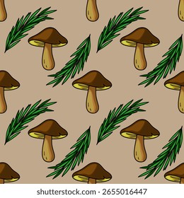 Padrão de vetor sem costura com ilustrações feitas à mão de cogumelos marrons e rampas de pinheiro verde em um fundo bege silenciado, criando um design natural e outonal.