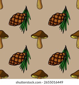 Padrão de vetor sem costura com ilustrações feitas à mão de cogumelos marrons e pinhas com agulhas verdes, colocadas contra um fundo bege silenciado, criando uma estética natural e outonal.