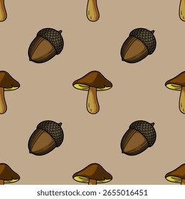 Padrão de vetor sem emenda com bolotas desenhadas à mão e cogumelos em tons marrons terrosos, criando um design de outono rústico ideal para projetos com temática de queda.