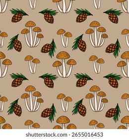 Padrão de vetor sem costura com ilustrações feitas à mão de cogumelos marrons e pinhas em um fundo bege, criando um motivo encantador de floresta outonal.