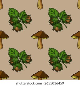 Padrão de vetor sem costura com ilustrações feitas à mão de avelãs com folhas verdes e cogumelos marrons em um fundo bege, criando um design de outono rústico.