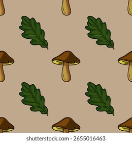 Padrão de vetor sem costura com ilustrações feitas à mão de cogumelos marrons e folhas de carvalho verde vibrantes em um fundo bege silenciado, criando um design de outono encantador.