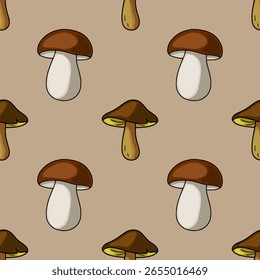Padrão de vetor sem costura com ilustrações feitas à mão de cogumelos marrons e beges com tamanhos variados e orientações contra um fundo de taupe neutro, criando um outono rústico e encantador...