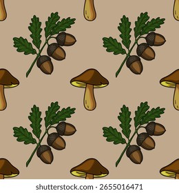 Padrão de vetor sem costura com ilustrações feitas à mão de cogumelos marrons e ramos de carvalho com bolotas, definido contra um fundo bege silenciado, criando um design de outono encantador.