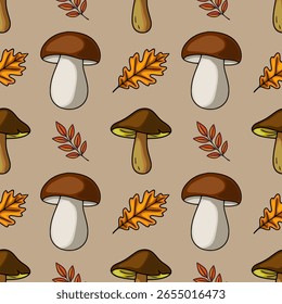 Padrão de vetor sem costura com ilustrações feitas à mão de cogumelos marrons e folhas de outono em tons quentes e terrosos, criando um design de outono acolhedor e natural.