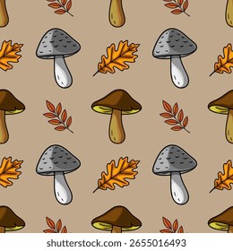 Padrão de vetor sem costura com ilustrações feitas à mão de cogumelos de outono, folhas de carvalho e ramos com folhagem vibrante, criando um design de outono encantador e rústico.