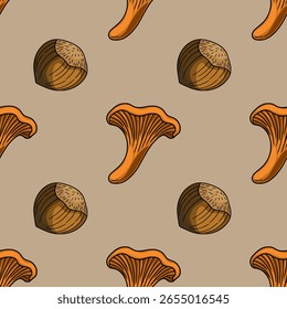 Seamless vector pattern featuring hand-drawn chanterelle mushrooms and hazelnuts on a muted beige background, creating a rustic autumnal design ideal for textile prints or packaging.