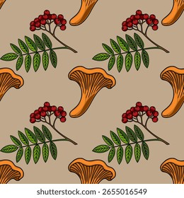Seamless vector pattern featuring hand-drawn chanterelle mushrooms and rowan berries branches, creating a vibrant autumnal design perfect for textile prints or fall-themed projects.