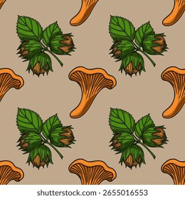 Seamless vector pattern featuring hand-drawn illustrations of chanterelle mushrooms and hazelnuts with leaves, creating a rustic autumnal design.