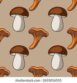 Seamless vector pattern featuring hand-drawn illustrations of brown cep mushrooms and vibrant orange chanterelle mushrooms, creating a captivating autumnal design ideal for various applications.