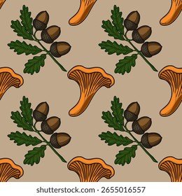Seamless vector pattern featuring hand-drawn illustrations of chanterelle mushrooms and oak branches with acorns, creating a rustic autumnal design perfect for fall-themed projects.