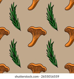 Padrão de vetor sem costura com cogumelos chanterelle desenhados à mão e rampas de alecrim em um fundo de taupe silenciado, criando um design de outono rústico ideal para projetos com temática de queda.