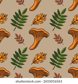 Seamless vector pattern featuring hand-drawn chanterelle mushrooms, oak, and rowan leaves in autumnal colors on a neutral beige background, ideal for fall-themed designs.