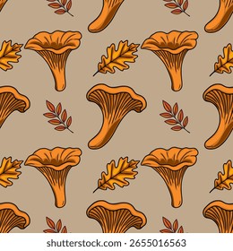 Seamless vector pattern featuring hand-drawn chanterelle mushrooms and autumn leaves in warm orange and brown tones, perfect for fall-themed designs.