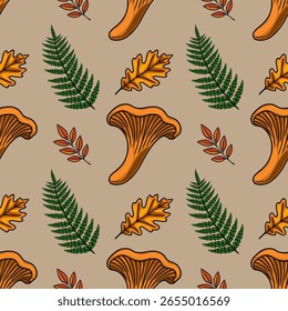Seamless vector pattern featuring hand-drawn chanterelle mushrooms, oak leaves, and fern fronds in autumnal hues on a neutral beige background, ideal for fall-themed designs.