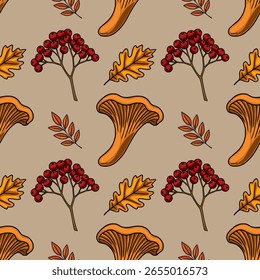 Seamless vector pattern featuring hand-drawn chanterelle mushrooms, rowan berries, and autumn leaves in warm orange and red tones against a muted beige background, creating a cozy and autumnal design.